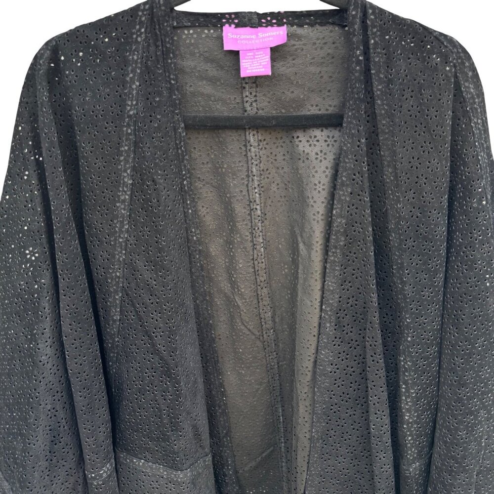 Suzanne Somers Vintage Boho Western Laser Cut Leather Fringed Poncho Wrap OS - Picture 3 of 10